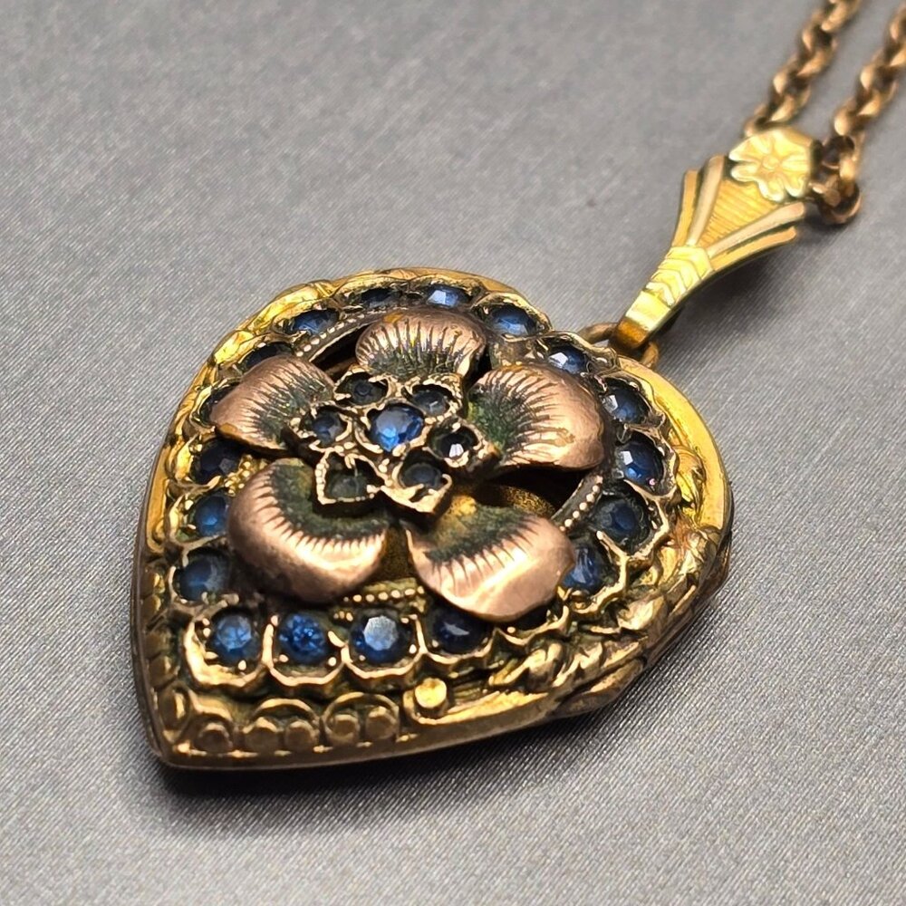 Victorian 12K Gold Filled Heart Locket Necklace Old Mine Cut Blue Paste Stones - Picture 1 of 16